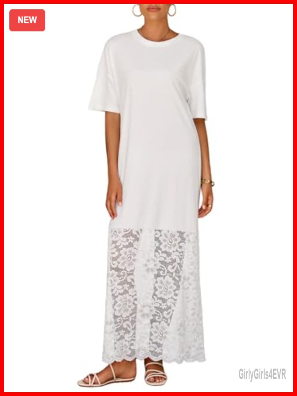 Women Short Sleeve Lace Patchwork Crew Neck Maxi Dress Summer Trendy Casual